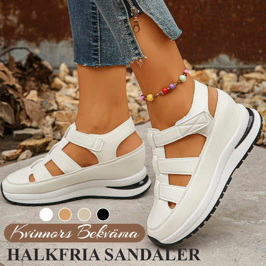 Ortopediska damsandaler med kardborreband, ihålig tå och stängd tå