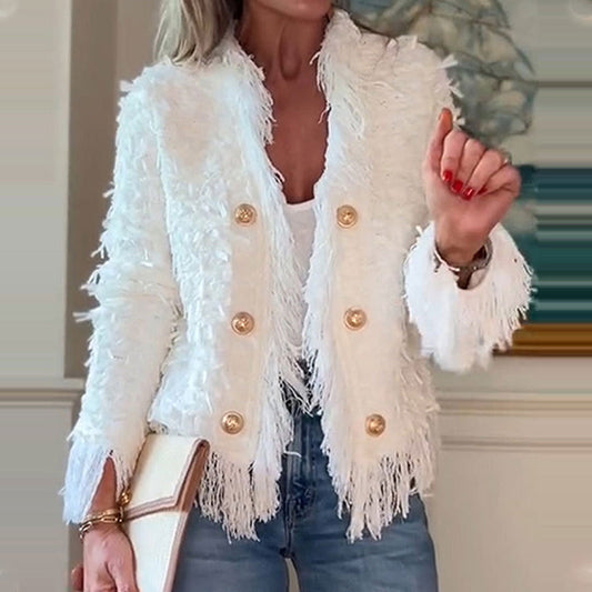 Moderiktig kort kappa för kvinnor med knappar och tofsar