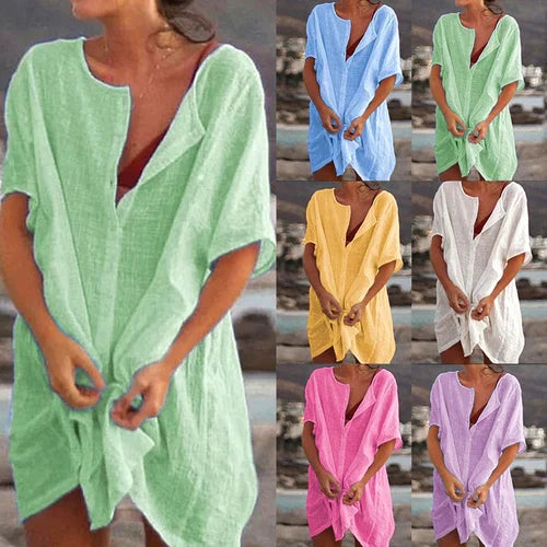 modeller Kvinnors bomull och en lös skjorta på linnet slätt