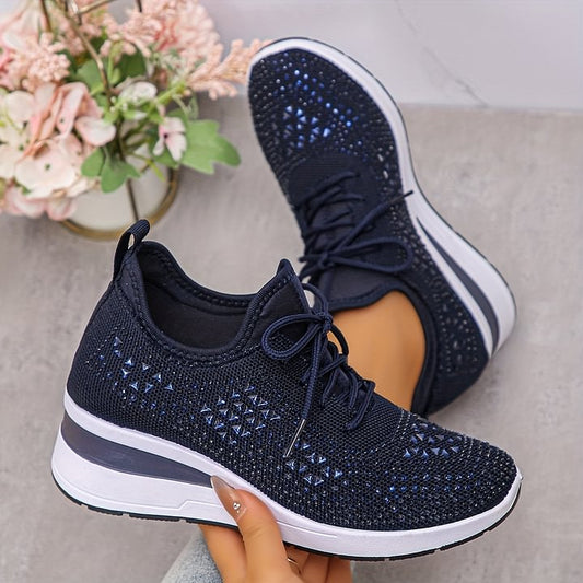 Casual dammode, andningsbara korrigering sneakers med strassdekoration