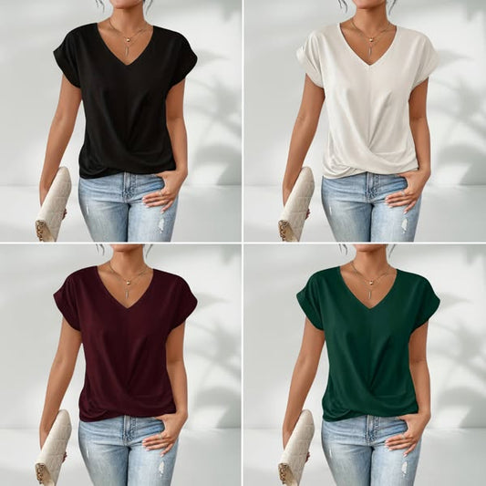 💥STOR REA💷Bästa pris👚Elegant kortärmad T-shirt med vriden V-ringning