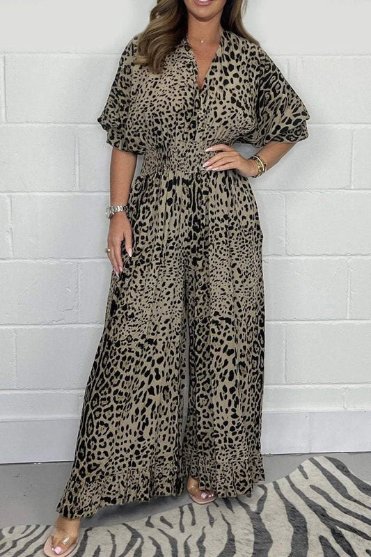 2024 New Fashion Leopard Print Casual Jumpsuit med vida ben (2-delat att ta med hem)