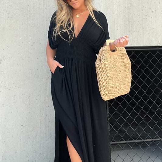 💗 Slitsad V-ringning Enkel lång klänning👗