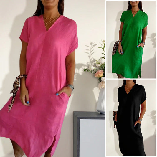 🩷💚✨V-ringad kortärmad slitsklänning för kvinnor