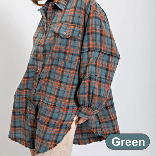 💕Damsömmar Raw Edge Washed Oversized Skjorta Jacka med fickor
