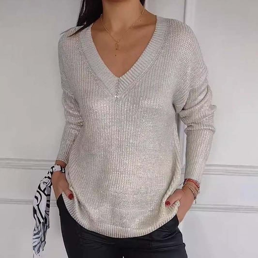 Kvinnlig casual V -hals Metal Luster Knit tröja