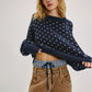 Women's Cropped Butterfly Print Crewneck Sweater