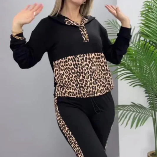 Leopardmönstrad avslappnad patchwork sweatshirt tvådelad set