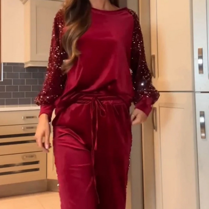 🔥2025 Senaste stilen🔥Kvinnor Casual Sequin Round Neck Top och byxor 2-delat set