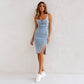 💃Justerbart axelbands U-ringad slitsad denim bodycon cami klänning