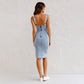 💃Justerbart axelbands U-ringad slitsad denim bodycon cami klänning