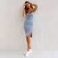 💃Justerbart axelbands U-ringad slitsad denim bodycon cami klänning