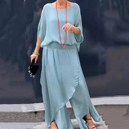 ✈️   Lös topp & byxor med vida ben Chiffon 2-delat set
