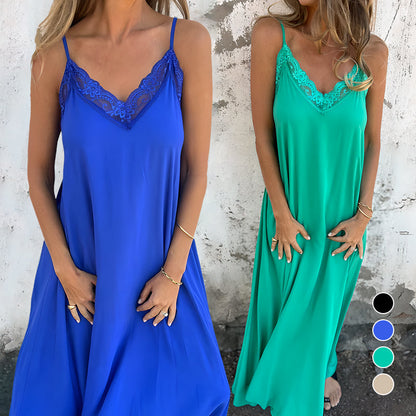Elegant spetskantad V-hals med spaghettiband och extra lång klänning för kvinnor