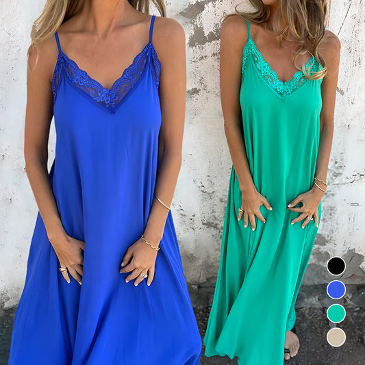 Elegant spetskantad V-hals med spaghettiband och extra lång klänning för kvinnor