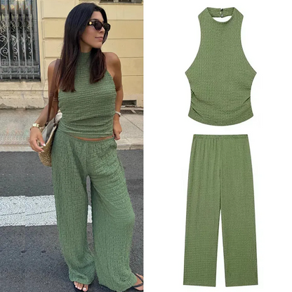 Dam 2-delat Set med Sexig Rygglös Ärmlös Topp och Elastisk Midja Avslappnad Vida Ben Byxor