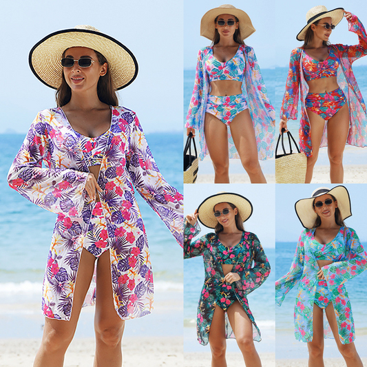🌊🐚🌴Blooming Magic of Summer - Tredelad bikinibaddräkt i mesh för kvinnor