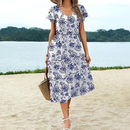 Avslappnad kortärmad V-ringad flödande lång klänning med fickor för kvinnor