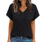 Avslappnad enfärgad kortärmad V-ringad topp för kvinnor