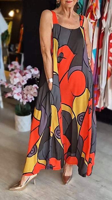 Ärmlös lång klänning med tryck och fyrkantig halsringning för kvinnor