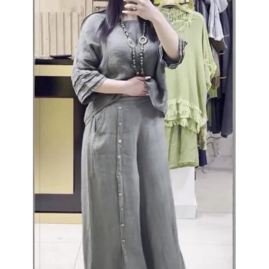 Enfärgad casual 3/4 ärmad topp med lösa knappbyxor för kvinnor 2-delat set