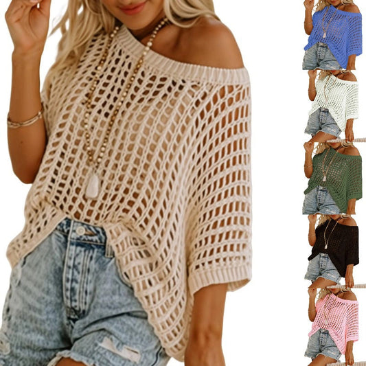 💥Veckans specialpris 💥Kvinnor sommar kortärmad jumper Casual virkad ihålig stickad topp