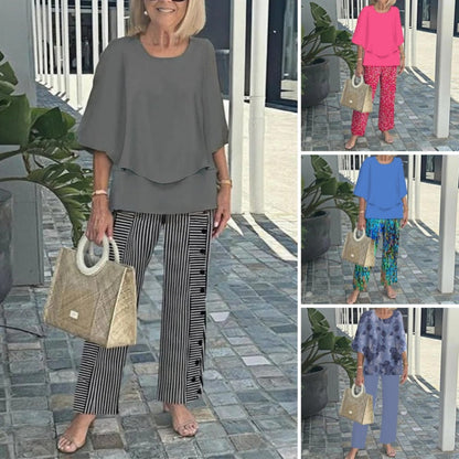 ✨Kvinnor casual rundhalsad halvärmad topp med tryck byxset
