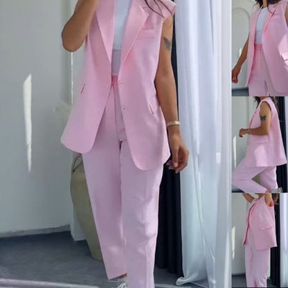 💖Snyggt set med ärmlös blazer och byxor med hög midja för kvinnor - Fri frakt