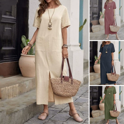 🌿✨Lösa klänningar med rund hals i bomull-linne🔥
