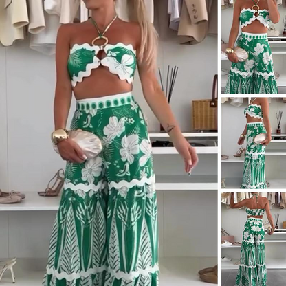 2-delat set för kvinnor: Bikiniöverdel och vida byxor med tryck