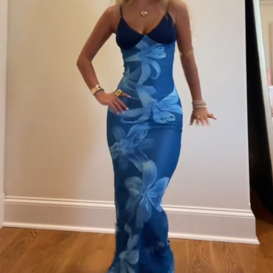 Blommig Bodycon Maxiklänning med Smala Axelband