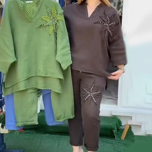 Avslappnat och andningsbar 2-delat set för dam – topp och byxor