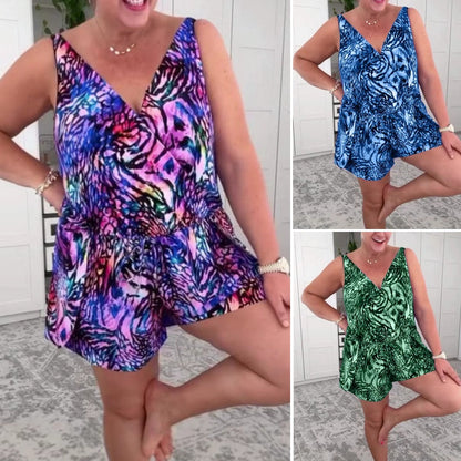 Mönstrad V-ringad ärmlös baddräkt