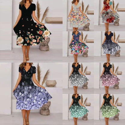 Böljande, mönstrad V-ringad klänning – Bekväm och elegant för varje dag