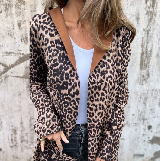 Trenchcoat med huva och leopardmönster för kvinnor