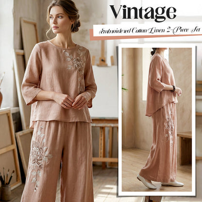 👗 50% RABATT 🌸 | Vintage 2-delat Set – Broderad Bomullslinne & Vida Byxor