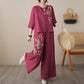 👗 50% RABATT 🌸 | Vintage 2-delat Set – Broderad Bomullslinne & Vida Byxor