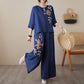 👗 50% RABATT 🌸 | Vintage 2-delat Set – Broderad Bomullslinne & Vida Byxor