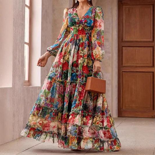⏳ Begränsad tid: 50% rabatt⏰Romantisk V-ringad blomsterklänning med lanternärmar👗