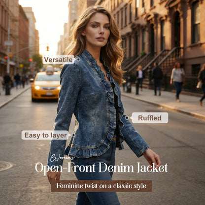 Damjeansjacka med volangdetalj och öppen front