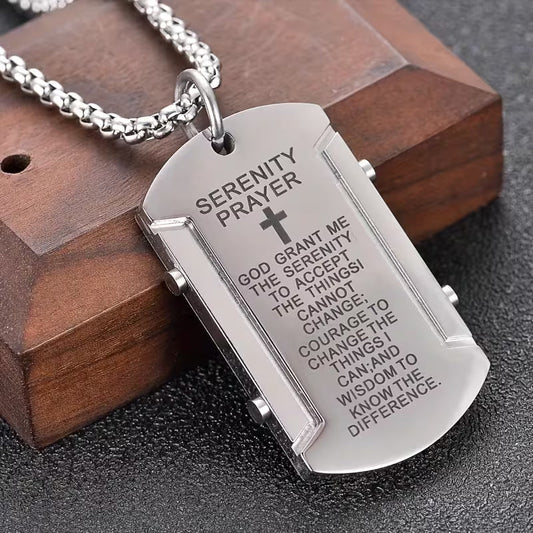Stainless Steel Serenity Prayer Cross Pendant Necklace