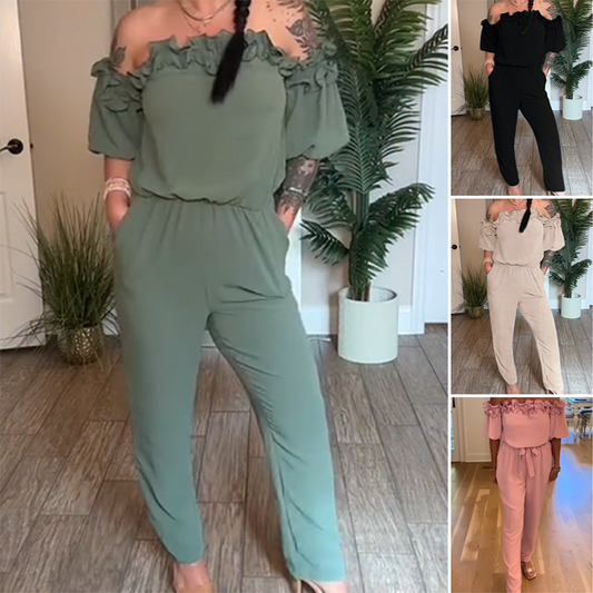 Off-Shoulder Jumpsuit med Volangdetalj