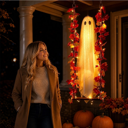Hängande Halloween-spöke på Gunga med Fjärrkontroll LED och Lönnlöv