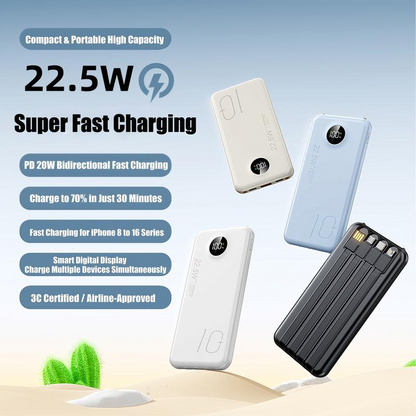 Powerbank med snabbladdning och inbyggda kablar
