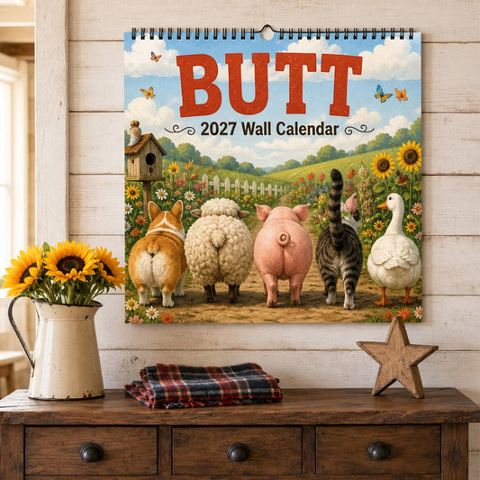 Väggkalender med roliga djurrumpor