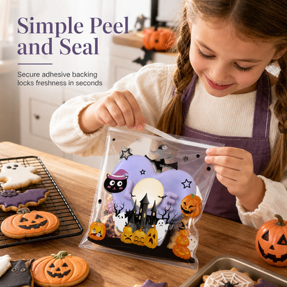 Självhäftande halloweenpåsar för förpackning av kakor och godsaker
