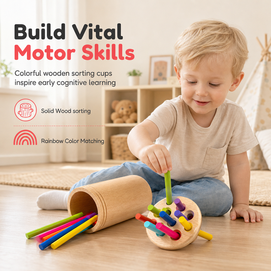 Montessori färgsorteringsset med koppar och sorteringspinnar för småbarn